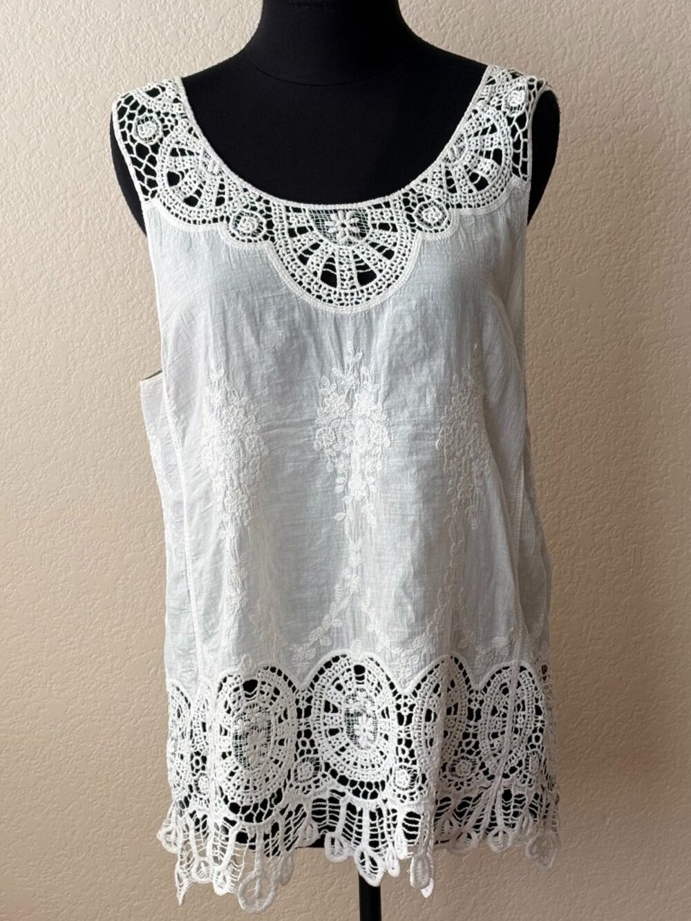 ADIVA Womens White Cotton Crochet Lace Embroidered Tank Top Boho Romantic